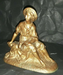 Antique Victorian Brass Statue Beautiful Woman Lady Sickle Scythe Farmer Wheat - Picture 1 of 7