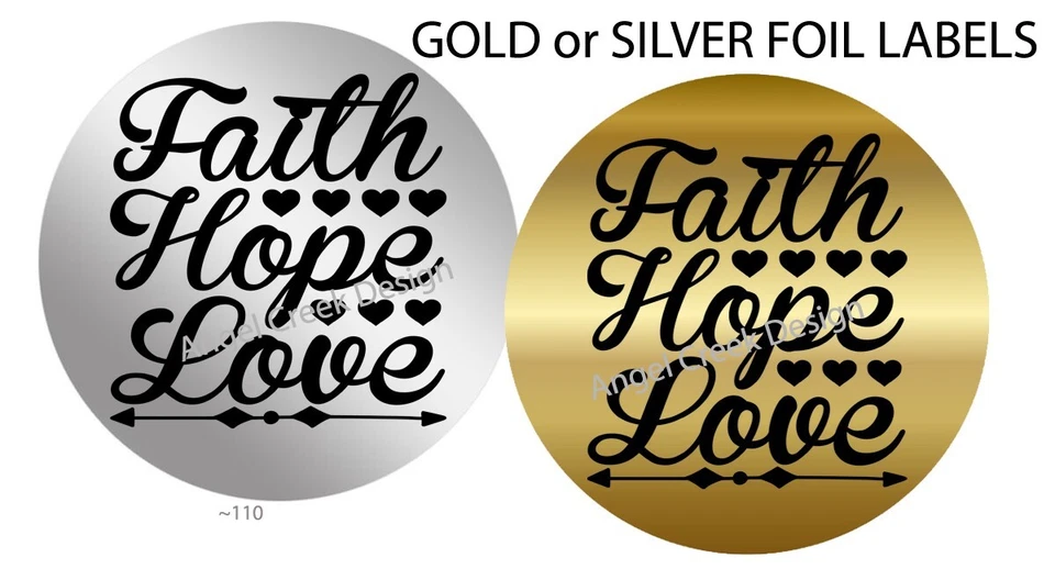 Lámina dorada o plateada Sellos Fe Esperanza y Amor Etiquetas Adhesivas Favores de Fiesta Foto 1 de 1