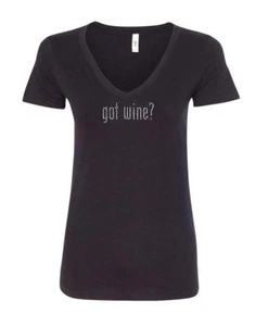 GOT WINE? Ladies Junior Fit  V-Neck Rhinestone Black Tee Shirt  Size Small NWT - Picture 1 of 3