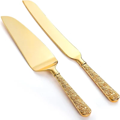 Set coltelli e servitori per torte dorati - utensili vintage per matrimoni e feste, 2 pezzi - Immagine 1 di 4