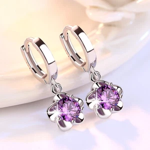 Purple Crystal Flower Dangle Drop Womens 925 Sterling Silver Huggie Earrings - Picture 1 of 6