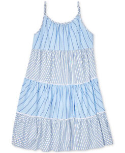 POLO RALPH LAUREN Big Girls Tiered Striped Cotton Dress Blue Large 12-14 $55-NWT
