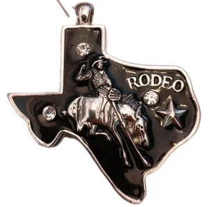 Texas Rodeo Pendant Bronco Black & Silver Rhinestone Cowboy Huge 2 1/2 State Map - Picture 1 of 13