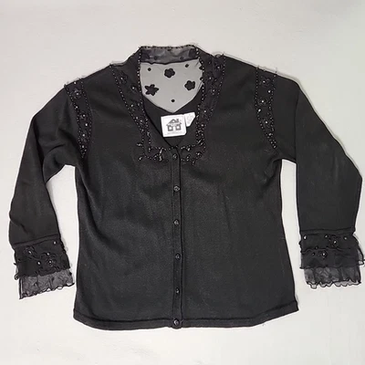 Cárdigan Suéter Negro Storybook Knits M Encaje Francés Cachicho Volantes Femenino Foto 1 de 4