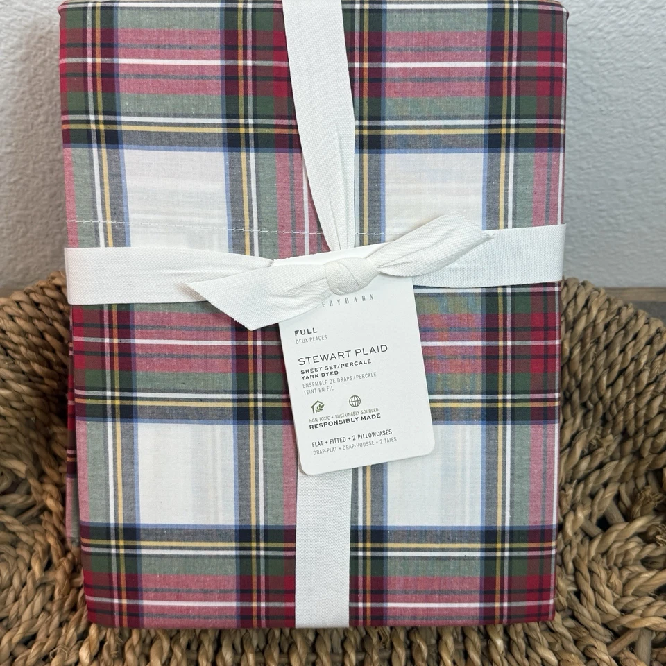 JUEGO DE SÁBANAS A CUADROS POTTERY BARN STEWART, COMPLETO ~ ALGODÓN PERCAL ORGÁNICO ~ NAVIDAD Foto 1 de 4