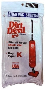 Dirt Devil OEM Type K Vacuum Cleaner Bags. 3 Pack. PN # 3-320230-001 Brand New - Picture 1 of 2