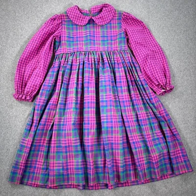 Rags From Richards Girls Size 7 Dress Pink Purple Plaid Peter Pan Collar Bow - Image 1 of 4