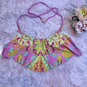Trina Turk Pink Green Blue Colorful Paisley Floral Ruffle Bikini Top Sz 8 Cruise - Picture 1 of 8