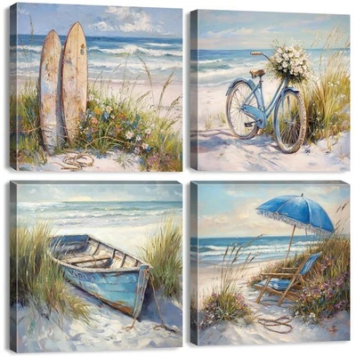 Arte de pared costero playa paisaje temática náutica baño decoración bicicleta rústica B... Foto 1 de 4