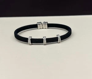 14K White Gold Black Stainless Steel Mesh Natural White Diamond Bangle - Picture 1 of 5