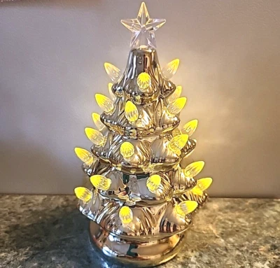 8.5" Pre-Lit Ceramic Christmas Tree Gold Tabletop with Lights AS IS - Image 1 of 4