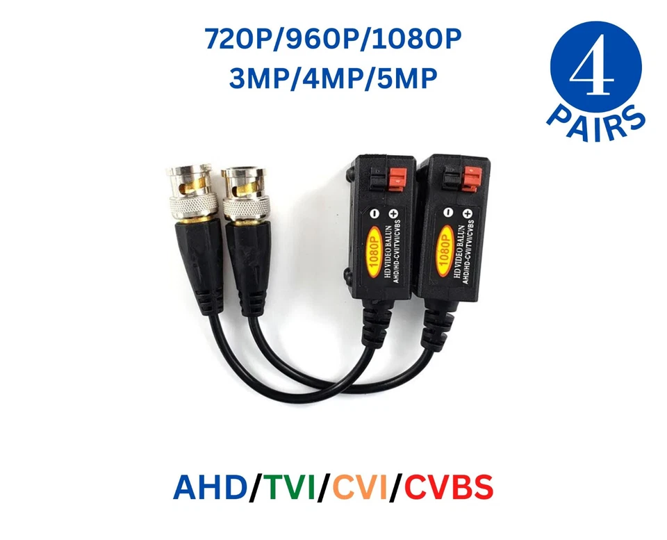 4 Pairs 5Mp 1080p 720p HD Video Balun CCTV UTP BNC to RJ45 Cat5 Cat6 - Image 1 of 4