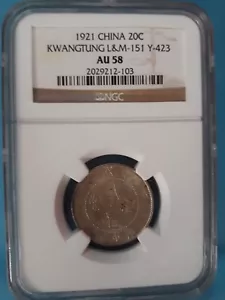 1921 CHINA 20 Cents Kwangtung L&M -151 NGC AU58 - Picture 1 of 4