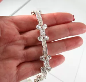 .925 Sterling Silver CZ Flower Tennis Bracelet Pear Princess Baguette 7.5" - Picture 1 of 2