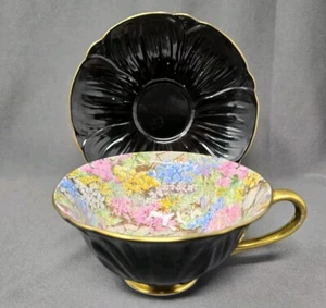 Antique Shelley Cup & Saucer Rock Garden Oleander Form In Black - Picture 1 of 14