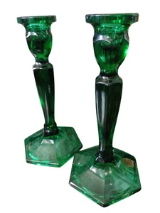 Vintage Fenton Smaragdgrün Glas Sechseckiger Sockel Kerzenständer Halter 2er Set - Bild 1 von 8