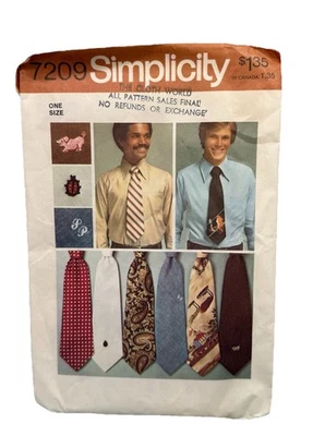 VTG 70s Simplicity Sew Pattern 7209 Men's 4.5" Tie & Transfer Uncut - Image 1 of 4