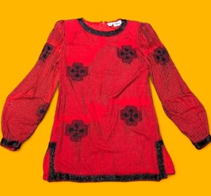 Blusa Top Oleg Cassini Seda Mujer S Años 80 Cuentas Flor Manga Globo Túnica 5H - Imagen 1 de 14