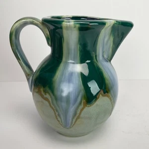 Art Pottery Glazed Pitcher Hand Thrown Green Blue Gray Signed Kathy Vintage - Picture 1 of 12