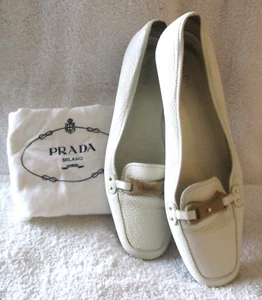 Women's Prada Off White Pebble Leather Logo Slip On Flats with Prada Dust Bag - Picture 1 of 11
