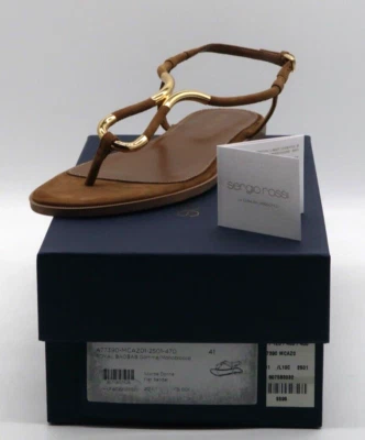 SERGIO ROSSI Twist Gold Thong Flat Scarpe Donna T-Strap Brown Sandals US 11 NEW - Image 1 of 4