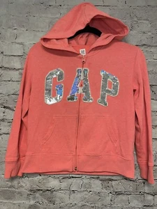 Gap Girls XL 12 Gap Zip-Up Zipper Hoodie Sweatshirt Flip Sequins Coral - Picture 1 of 5