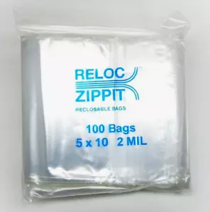 100 Reloc Clear Bags 5x10 2Mil Poly Zippit RECLOSABLE Bag Squeeze Top - Picture 1 of 4
