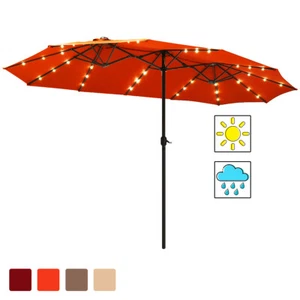 15Ft Patio Solar Powered Double-Sided Market Umbrella with 36 LED Lights Orange - Picture 1 of 7