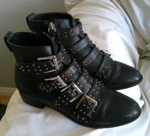 REBECCA MINKOFF MADDOX BLACK LEATHER  BUCKLED STUDDED ZIP TOP ANKLE BOOTS, 6M - Picture 1 of 6