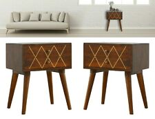 Bedside Tables Cabinets Retro Chestnut & Geometric Gold Brass Inlay Danish Style