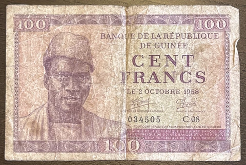 1958 100 Cent Francs Guinea RARE Banknote Cover