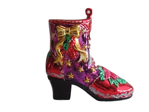 Vintage Plastic Christmas Ornament Boot Shoe Victorian Poinsietta Glitter 4.75" - Picture 1 of 9