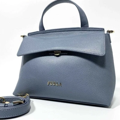 FURLA Handbag Shoulder Bag Logo Leather Blue Gray Women's USED FROM JAPAN - Image 1 of 4