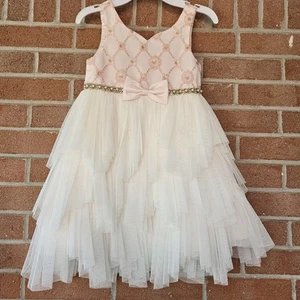 Couture Princess Girls Dress Pink Cream Gold Tulle Embellish Formal Wedding Sz 5 - Picture 1 of 18