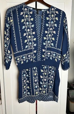 BCBGMax Azria Mujer’s Patrón Geométrico Boho Manga Larga Azul Mameluco XS Foto 1 de 4