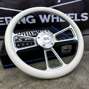 14" Billet Steering Wheel for Chevy GM Ford Dodge - White Wrap GMC Retro Horn - Picture 1 of 4