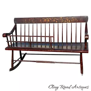 Antique Windsor settee cradle rocker nanny bench original paint decoration 1830 - Picture 1 of 20