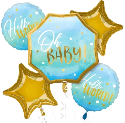 BABY BOY BALLOON BOUQUET OH BABY HELLO WORLD BABY SHOWER PARTY DECORATION BLUE - Image 1 of 3