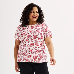 CROFT & BARROW Tee Top 3X Red White Floral S/S 100% Cotton NEW WITH TAG - Imagen 1 de 3