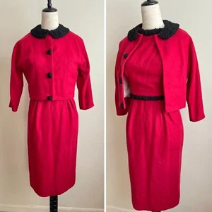 Vintage 60s Jackie O Custom Red Wool Curly Lamb Fur Trim Dress Coat Set XS 0-2 - Picture 1 of 7