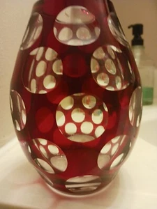 Vintage Gmbh Ruby Red Cased Cut to Clear 1000 Eye Art Glass Vase - Picture 1 of 3