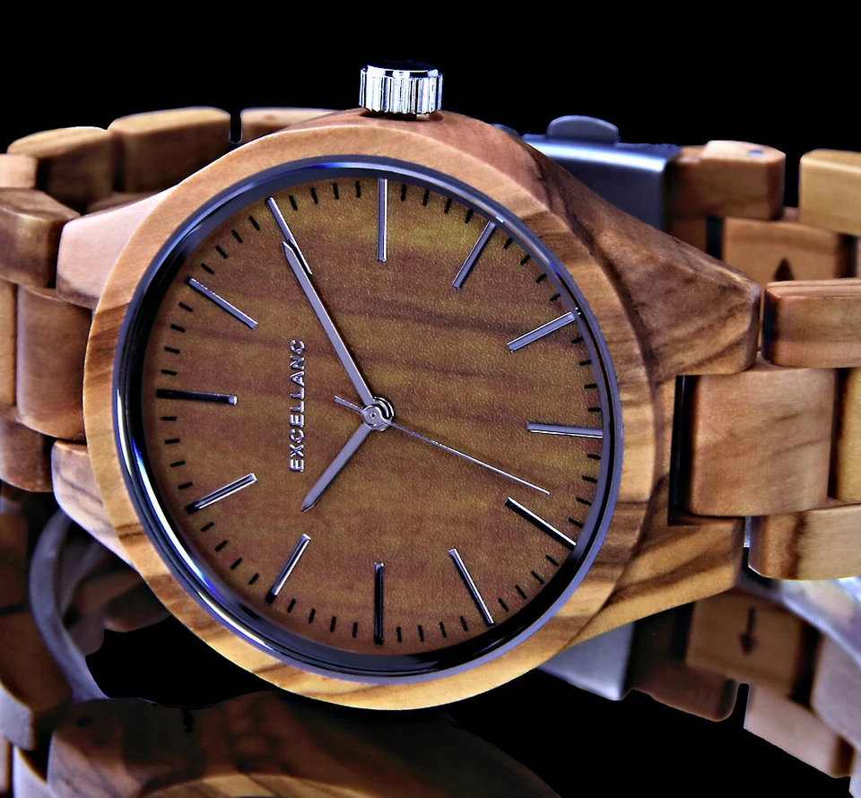Excellanc Herren Armband Männer Uhr Oliven Holz Holzuhr braun Men Wood Watch 2 - Bild 1 von 4