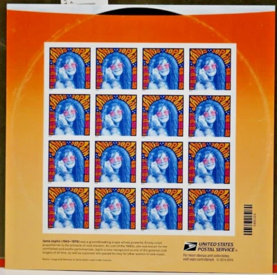 Janis Joplin Forever US Stamp 16 Full Sheet Unused Music Icons 2014 - Image 1 of 2