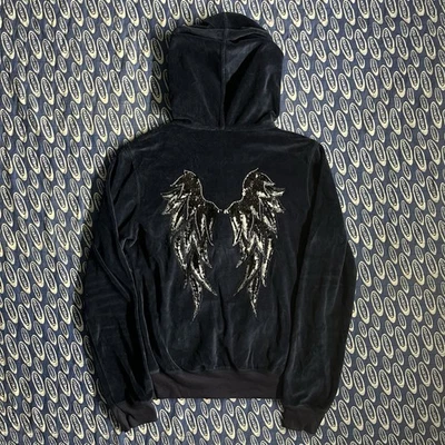 Women’s Y2K Miss Me Velour Rhinestone Wings Full Zip Punk 2000s Large Navy Blue - Image 1 of 4