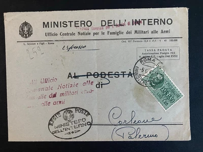 Italia Segunda Guerra Mundial 1940 Ministerio del Interior Cubierta - Sello Espresso, Roma, Corleone Foto 1 de 4