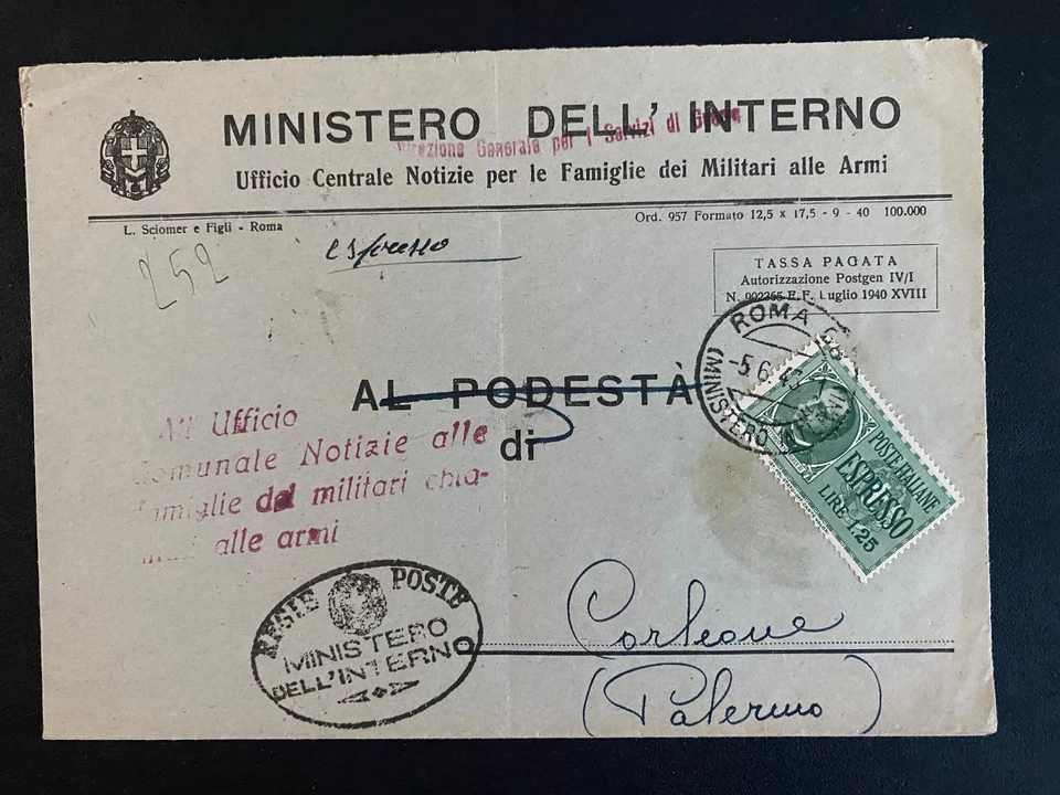 Italy WWII 1940 Ministry of Interior Cover – Espresso Stamp, Roma, Corleone - Image 1 of 4
