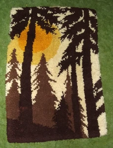 Vtg MCM Latch Hook Rug Forest Trees Sunset Orange Brown 36x24 - Picture 1 of 1