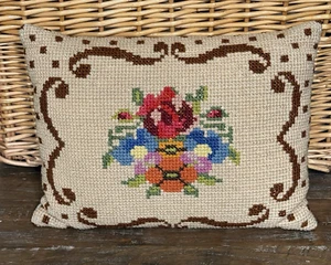 Vintage Wool Needlepoint Floral Throw Pillow 17"x12” Heavy Quality Handmade - Picture 1 of 12