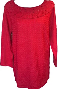 Briggs ~ Wasserfallausschnitt 3/4 Arm Glitzer Perlen Strick rot Urlaub Pullover Damen Gr. M - Bild 1 von 9