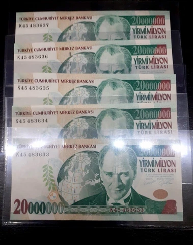 Consecutive 5 PCS Turkey, 20000000 - 20,000,000 - 20 MILLION LIRA, P-215 UNC Cover